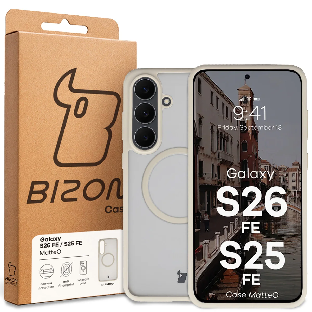 Przód pudełka Bizon Case z dedykowaną etykietą do Galaxy S25 FE, Galaxy S26 FE
