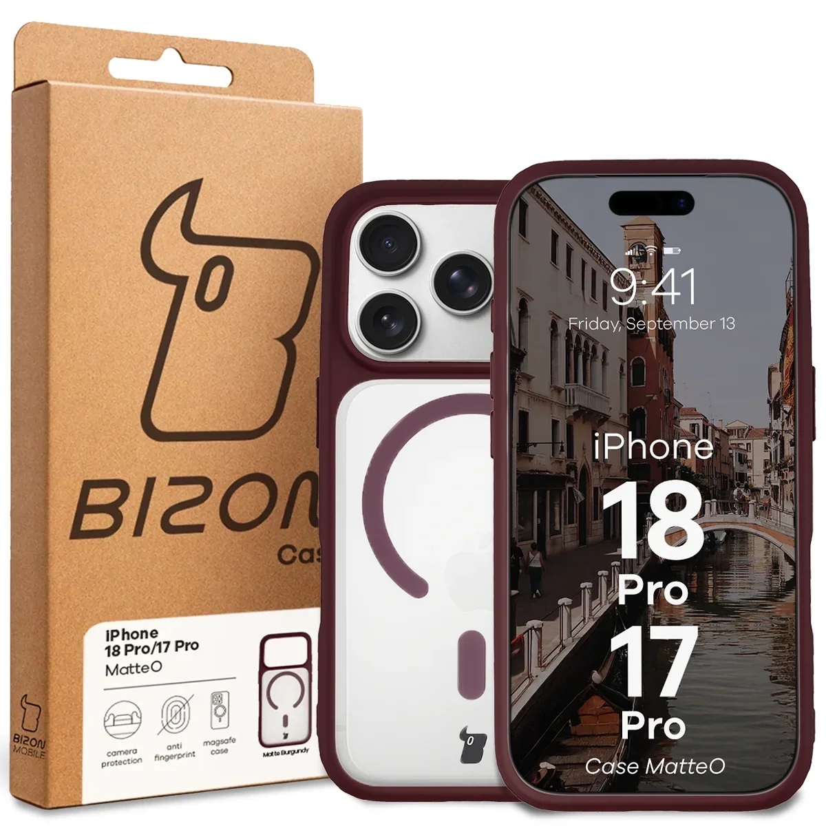 Przód pudełka Bizon Case z dedykowaną etykietą do iPhone 18 Pro / 17 Pro