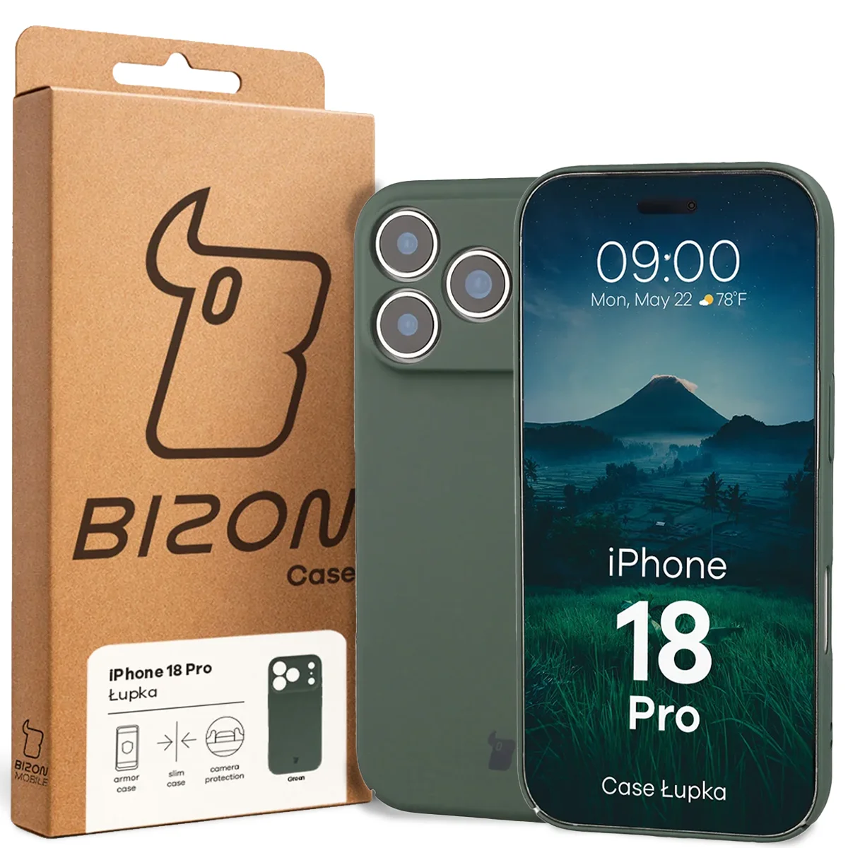 Przód pudełka Bizon Case z dedykowaną etykietą do iPhone 18 Pro
