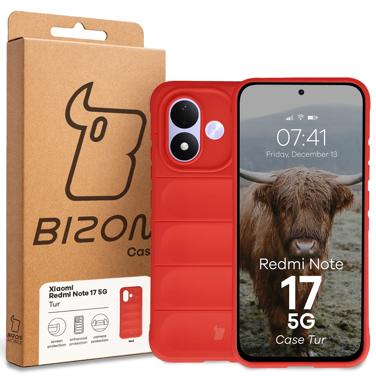 Przód pudełka Bizon Case z dedykowaną etykietą do Xiaomi Redmi Note 17 5G