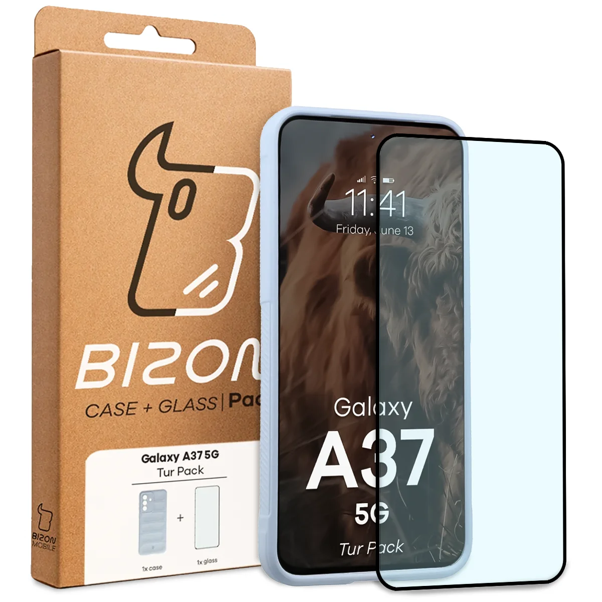 Przód pudełka Bizon Tur Pack z dedykowaną etykietą do Galaxy A37 5G