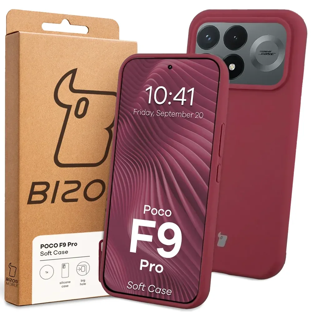 Przód pudełka Bizon Case z dedykowaną etykietą do Xiaomi POCO F9 Pro