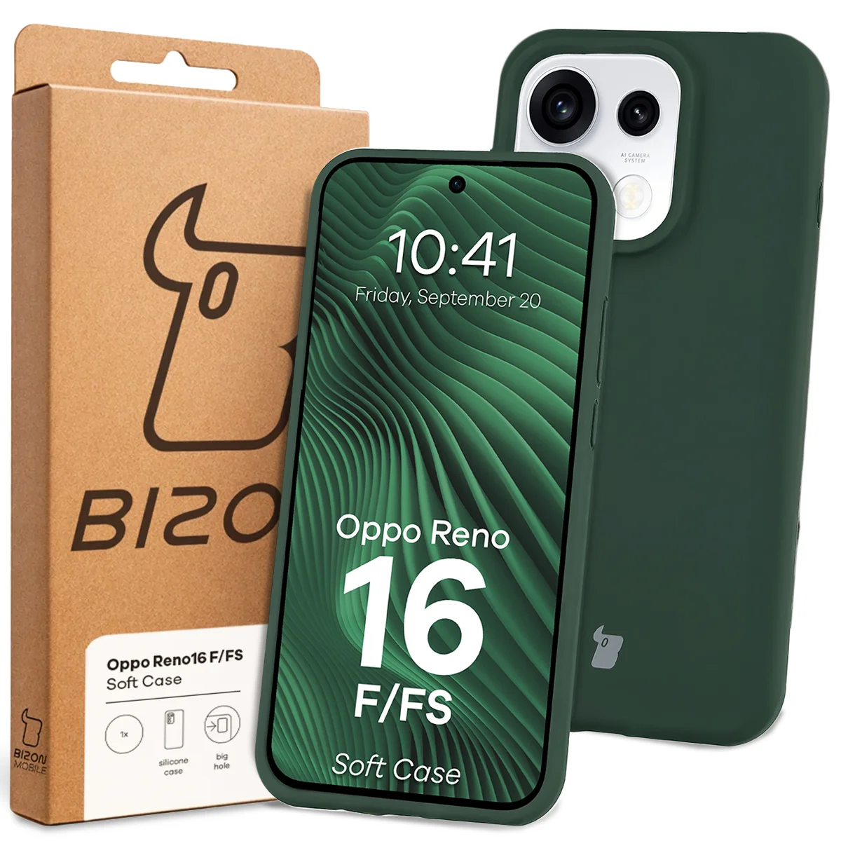 Przód pudełka Bizon Case z dedykowaną etykietą do OPPO Reno16 F, OPPO Reno16 FS