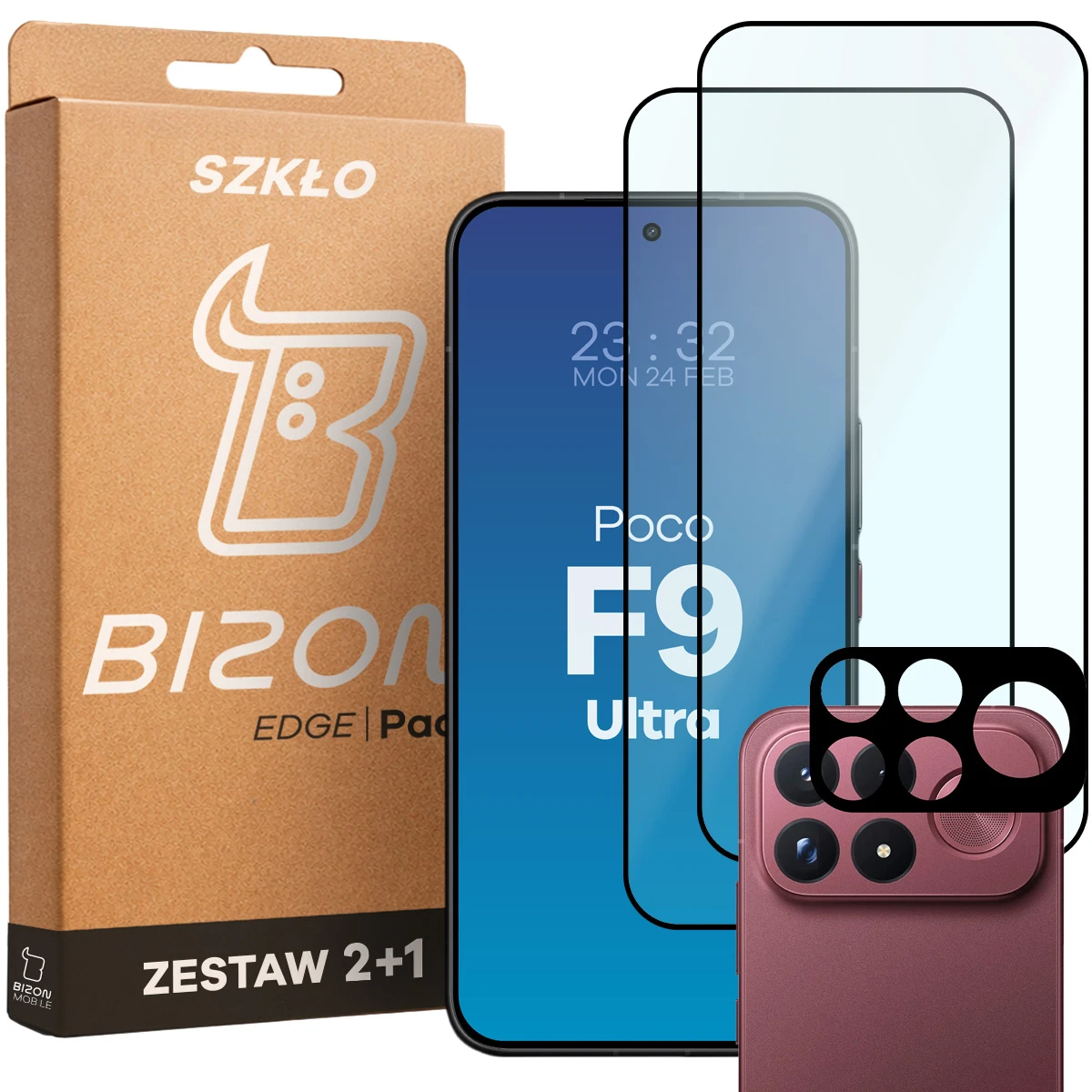 Pudełko i zestaw szkieł do Xiaomi POCO F9 Ultra: 2x szkło hartowane i lens