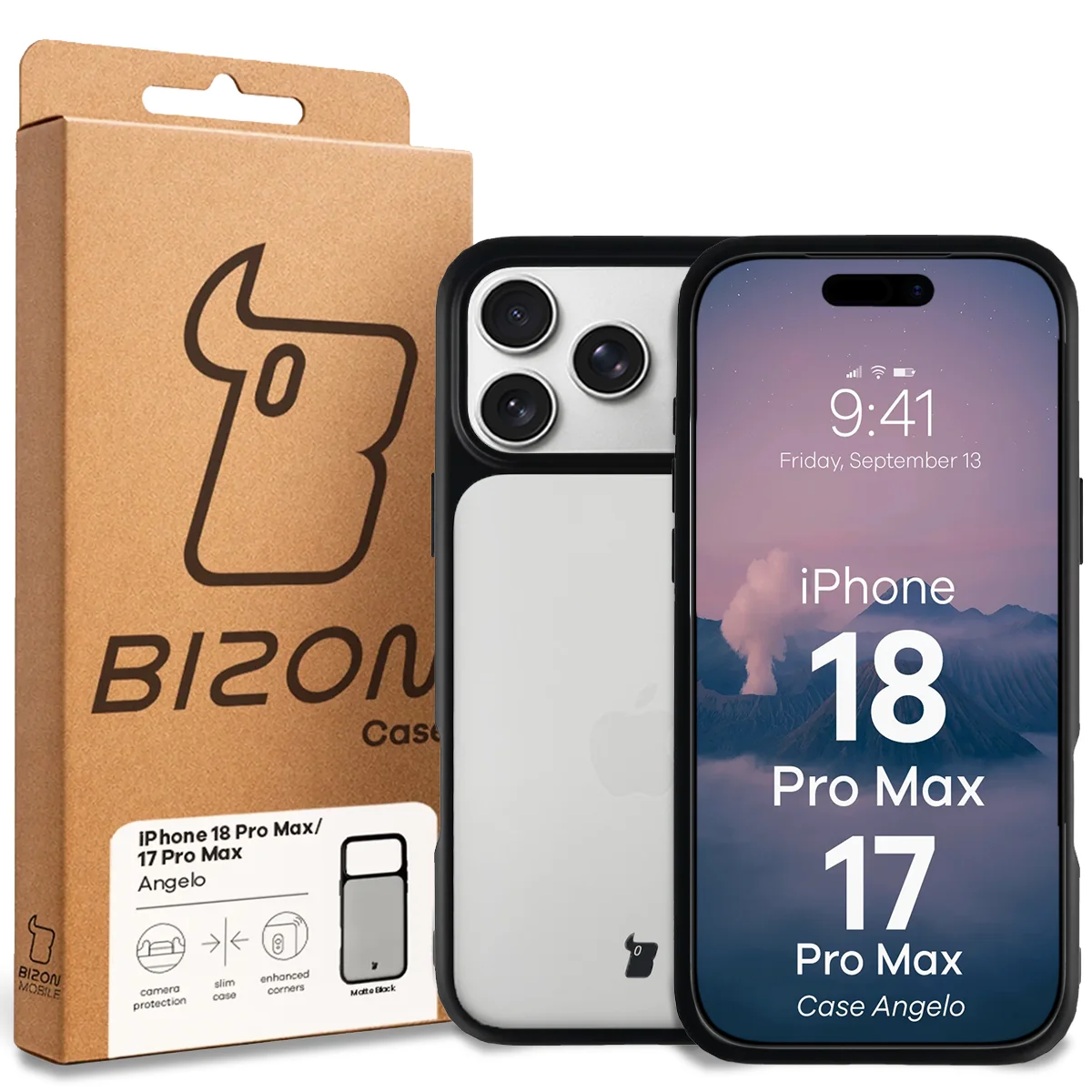 Przód pudełka Bizon Case z dedykowaną etykietą do iPhone 18 Pro Max / 17 Pro Max