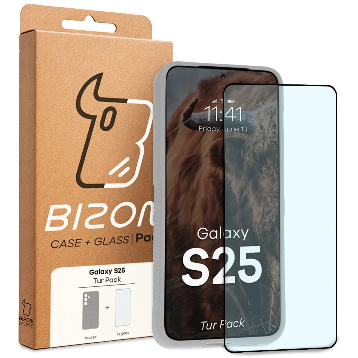 Przód pudełka Bizon Tur Pack z dedykowaną etykietą do Galaxy S25