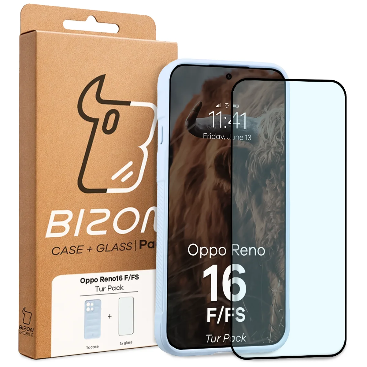 Przód pudełka Bizon Tur Pack z dedykowaną etykietą do OPPO Reno16 F, OPPO Reno16 FS
