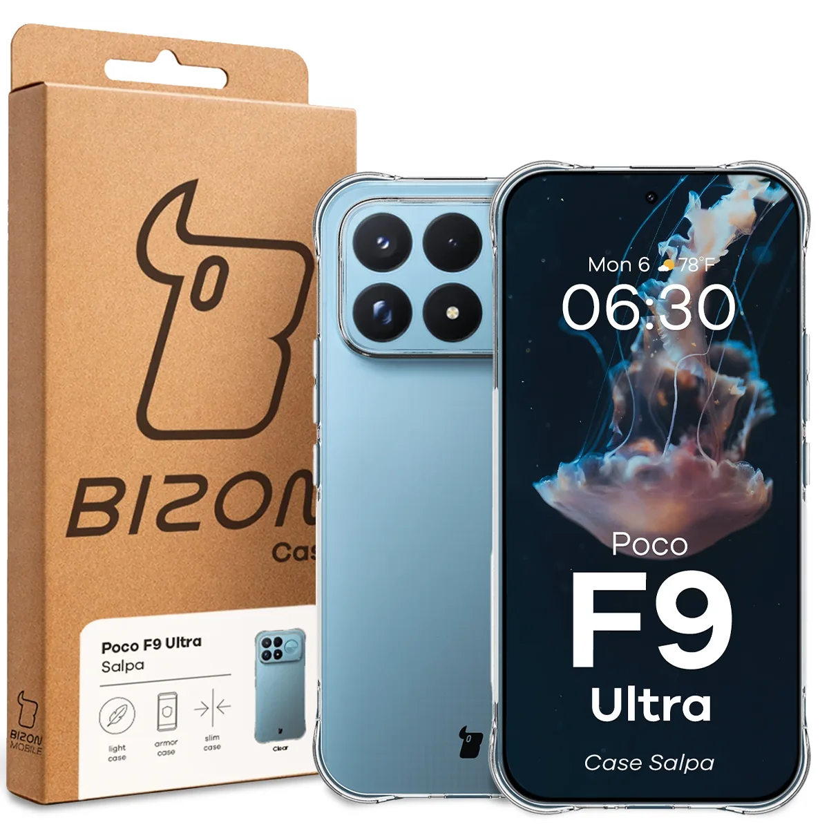 Przód pudełka Bizon Case z dedykowaną etykietą do Xiaomi POCO F9 Ultra