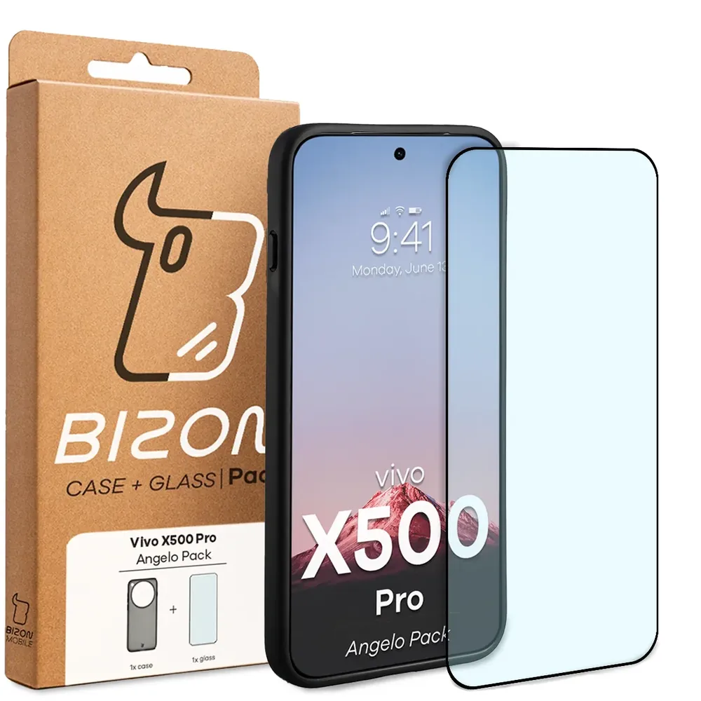 Przód pudełka Bizon Case Angelo Pack z dedykowaną etykietą do Vivo X500 Pro
