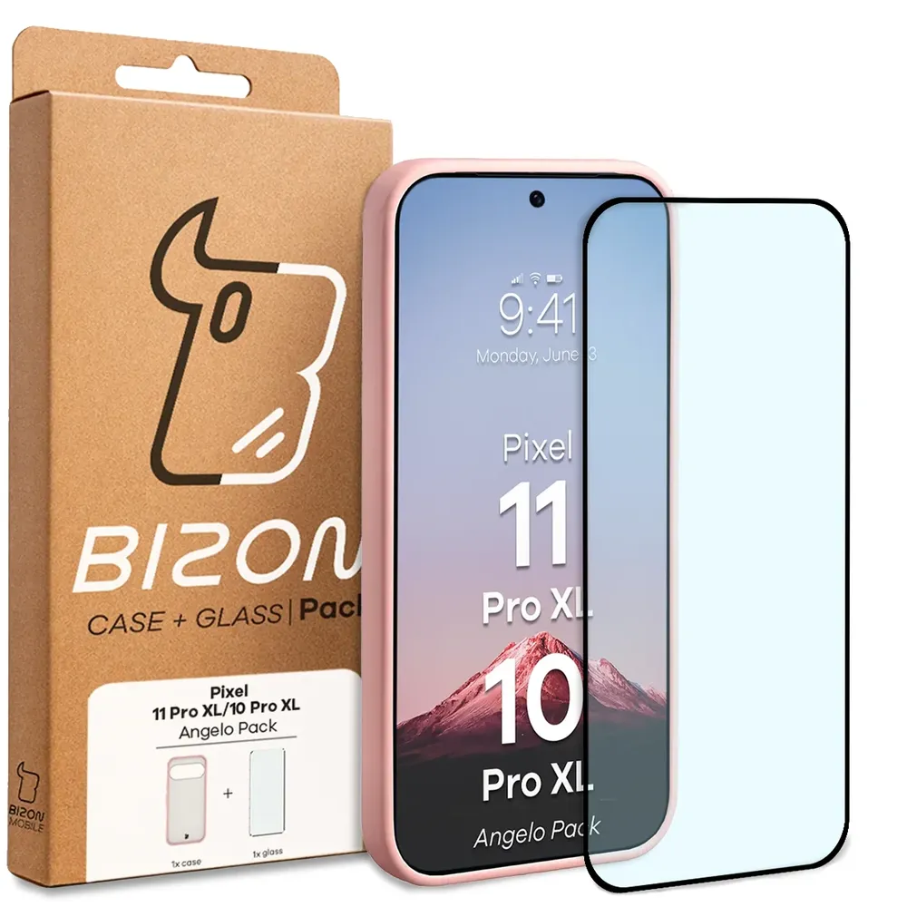 Przód pudełka Bizon Case Angelo Pack z dedykowaną etykietą do Google Pixel 10 Pro XL, Google Pixel 11 Pro XL