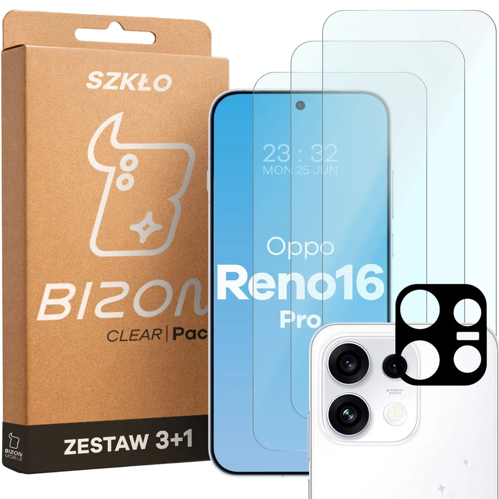 Pudełko i zestaw szkieł do OPPO Reno16 Pro: 3x szkło hartowane i lens