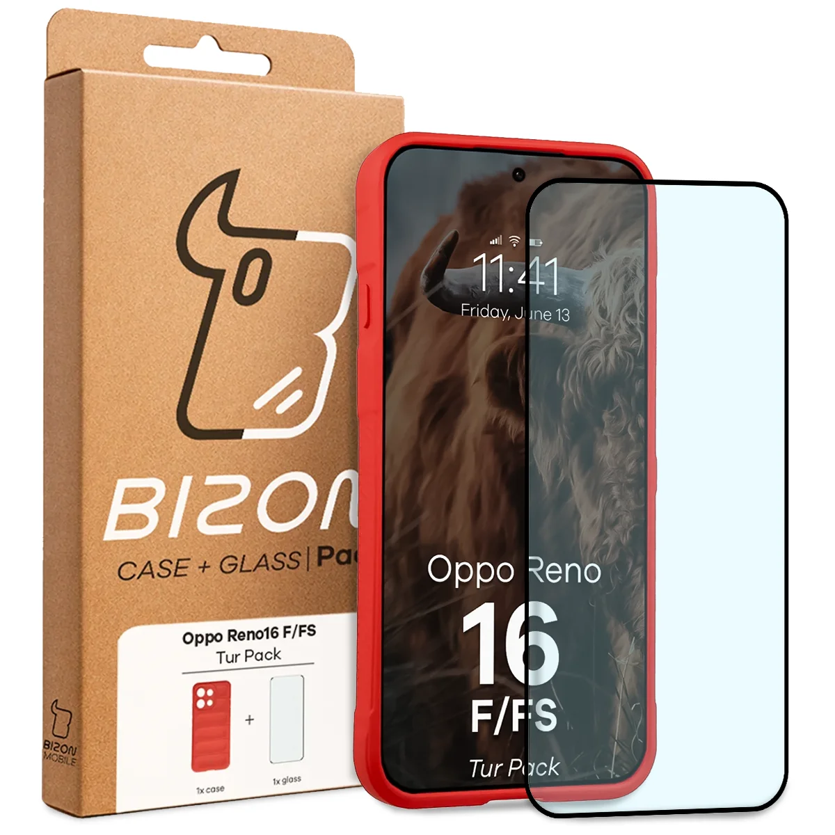 Przód pudełka Bizon Tur Pack z dedykowaną etykietą do OPPO Reno16 F, OPPO Reno16 FS