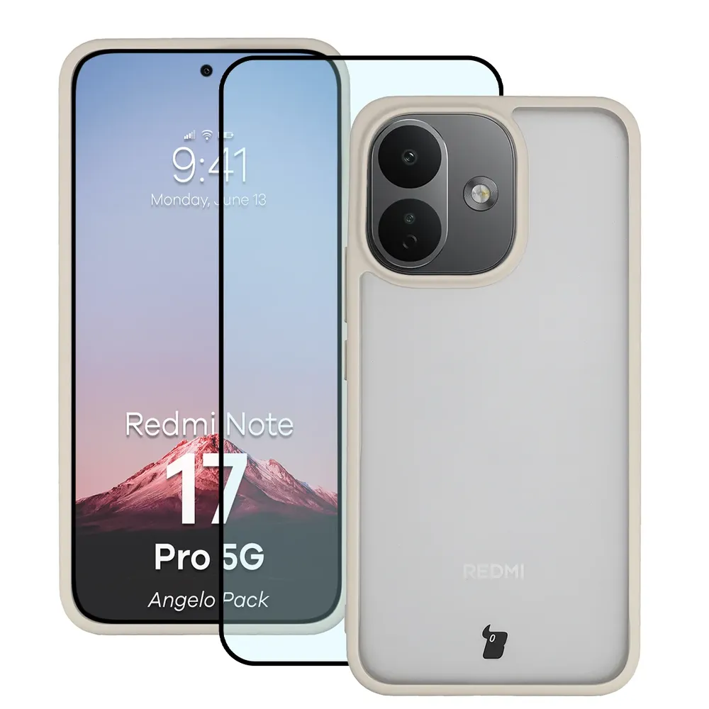 Przód pudełka Bizon Case Angelo Pack z dedykowaną etykietą do Xiaomi Redmi Note 17 Pro 5G