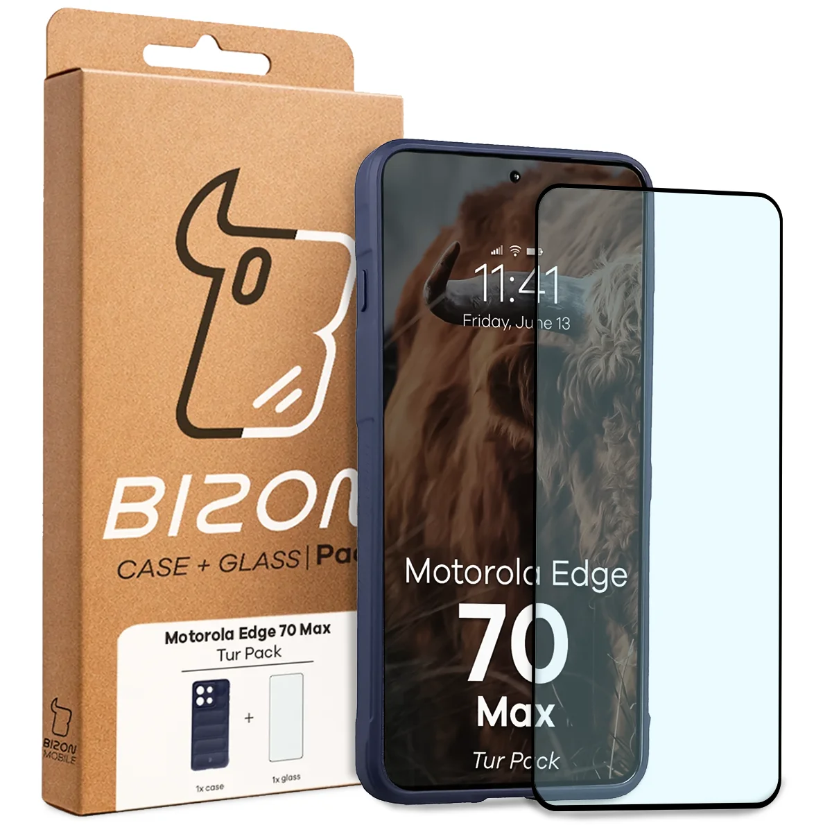 Przód pudełka Bizon Tur Pack z dedykowaną etykietą do Motorola Edge 70 Max