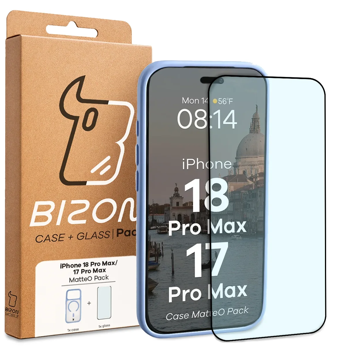 Przód pudełka Bizon Case Matteo Pack z dedykowaną etykietą do iPhone 18 Pro Max / 17 Pro Max