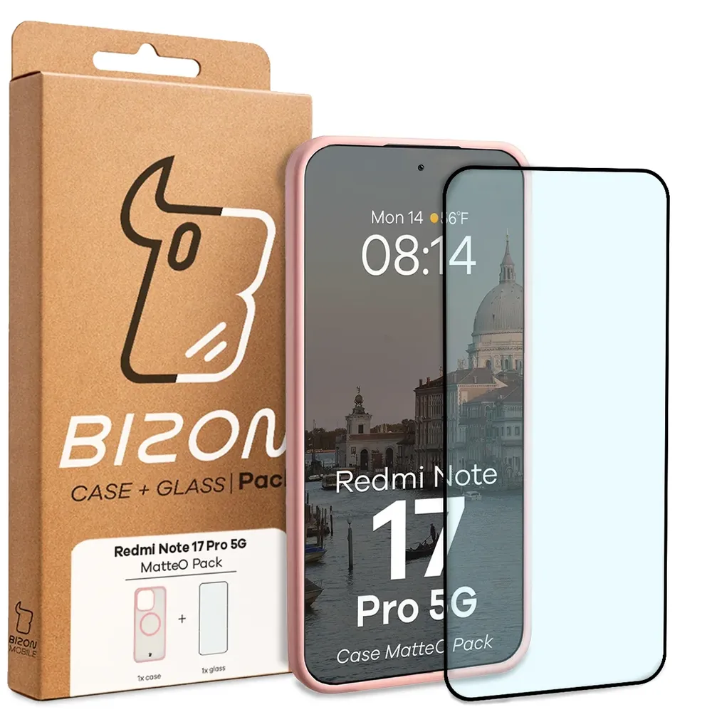 Przód pudełka Bizon Case Matteo Pack z dedykowaną etykietą do Xiaomi Redmi Note 17 Pro 5G