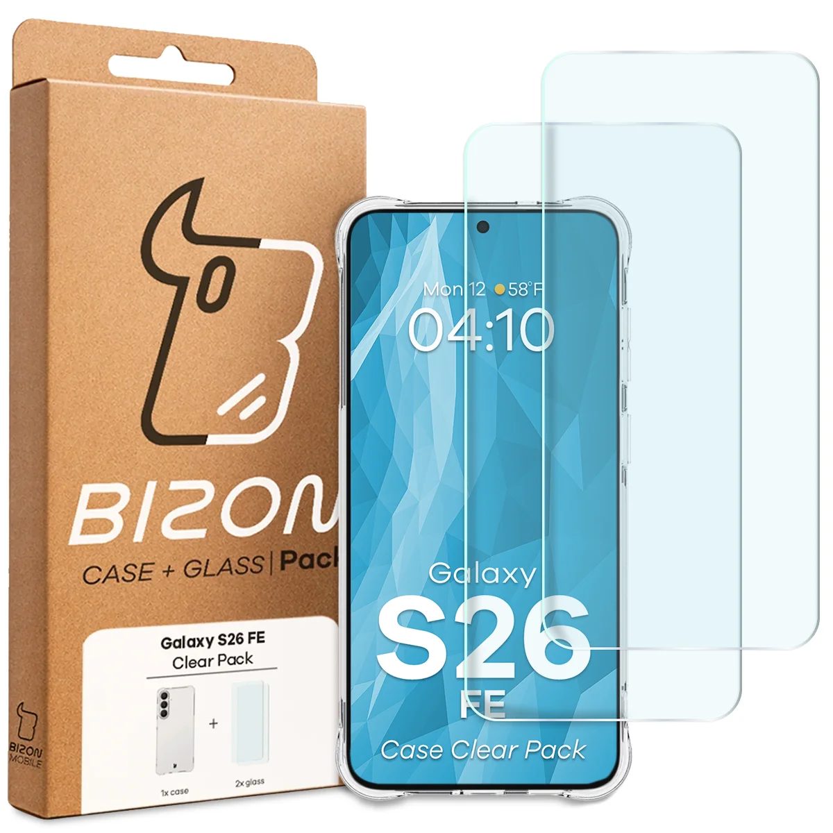 Przód pudełka Bizon Case+Glass z dedykowaną etykietą do Galaxy S26 FE
