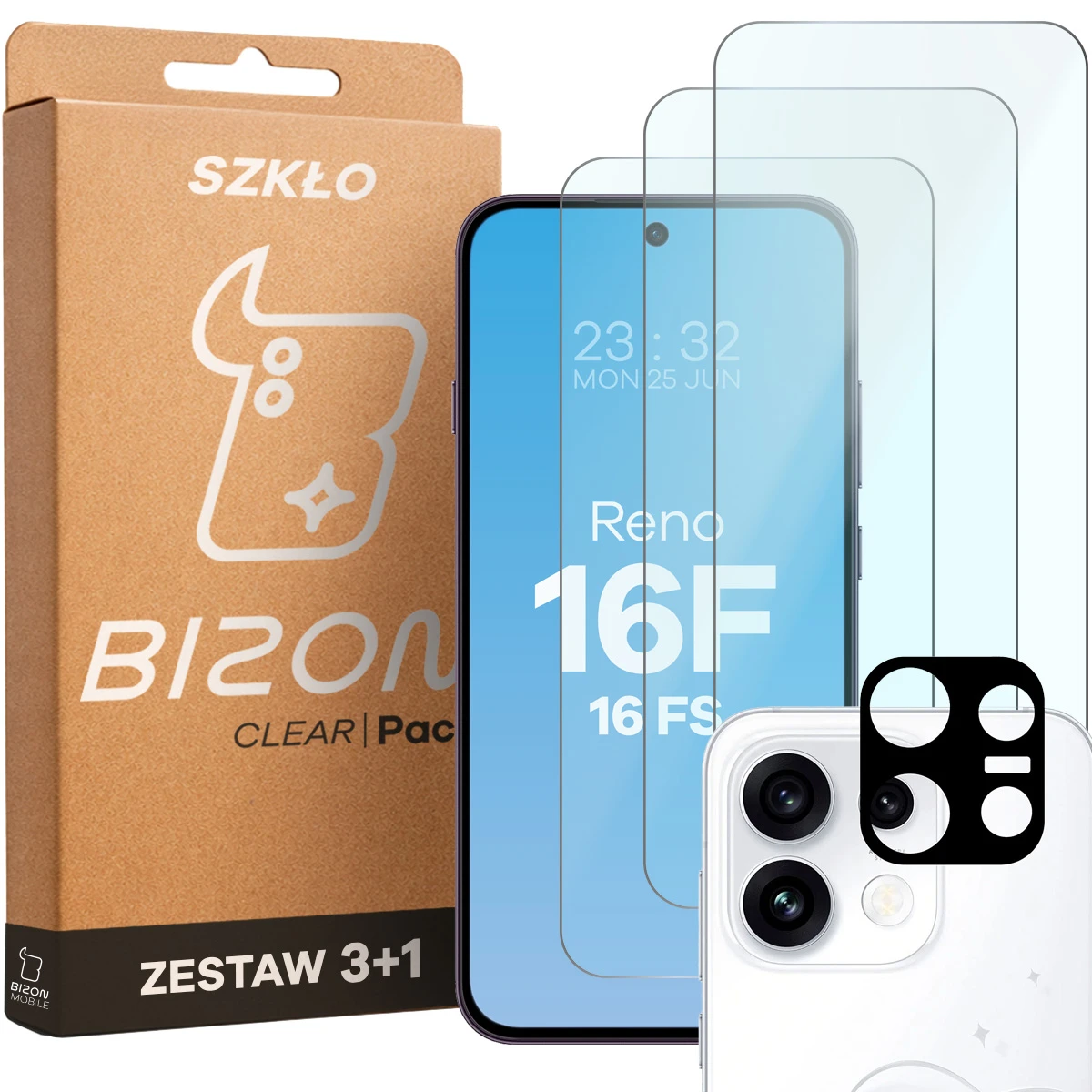 Pudełko i zestaw szkieł do OPPO Reno16 F, OPPO Reno16 FS: 3x szkło hartowane i lens