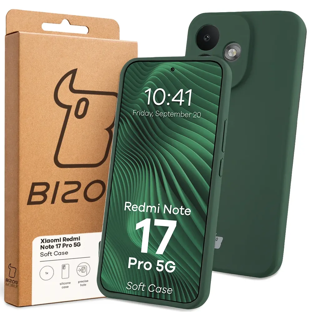 Przód pudełka Bizon Case z dedykowaną etykietą do Xiaomi Redmi Note 17 Pro 5G