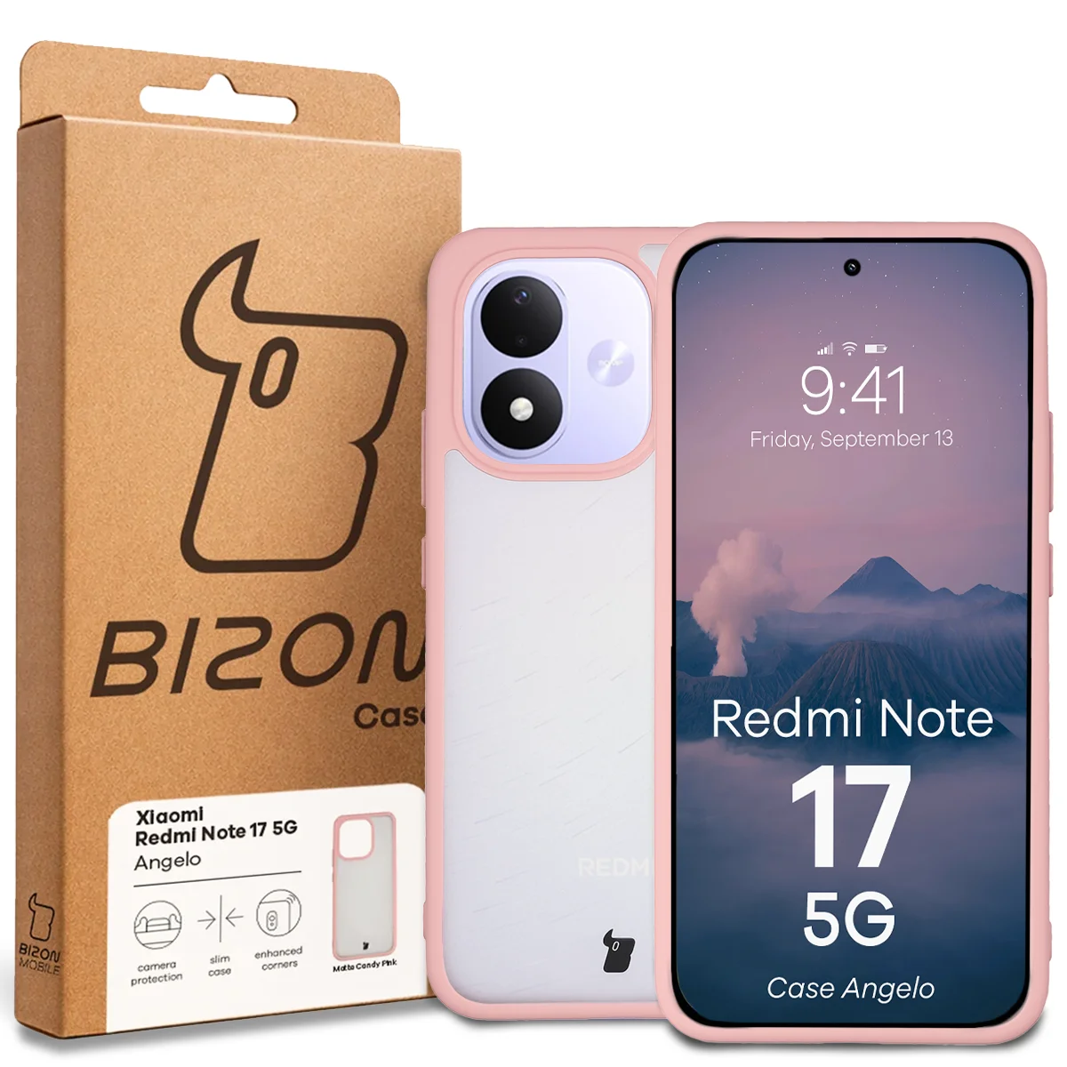 Przód pudełka Bizon Case z dedykowaną etykietą do Xiaomi Redmi Note 17 5G