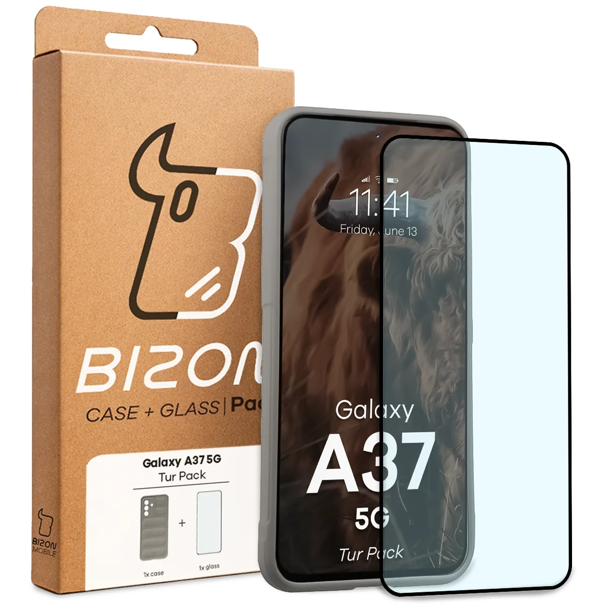 Przód pudełka Bizon Tur Pack z dedykowaną etykietą do Galaxy A37 5G