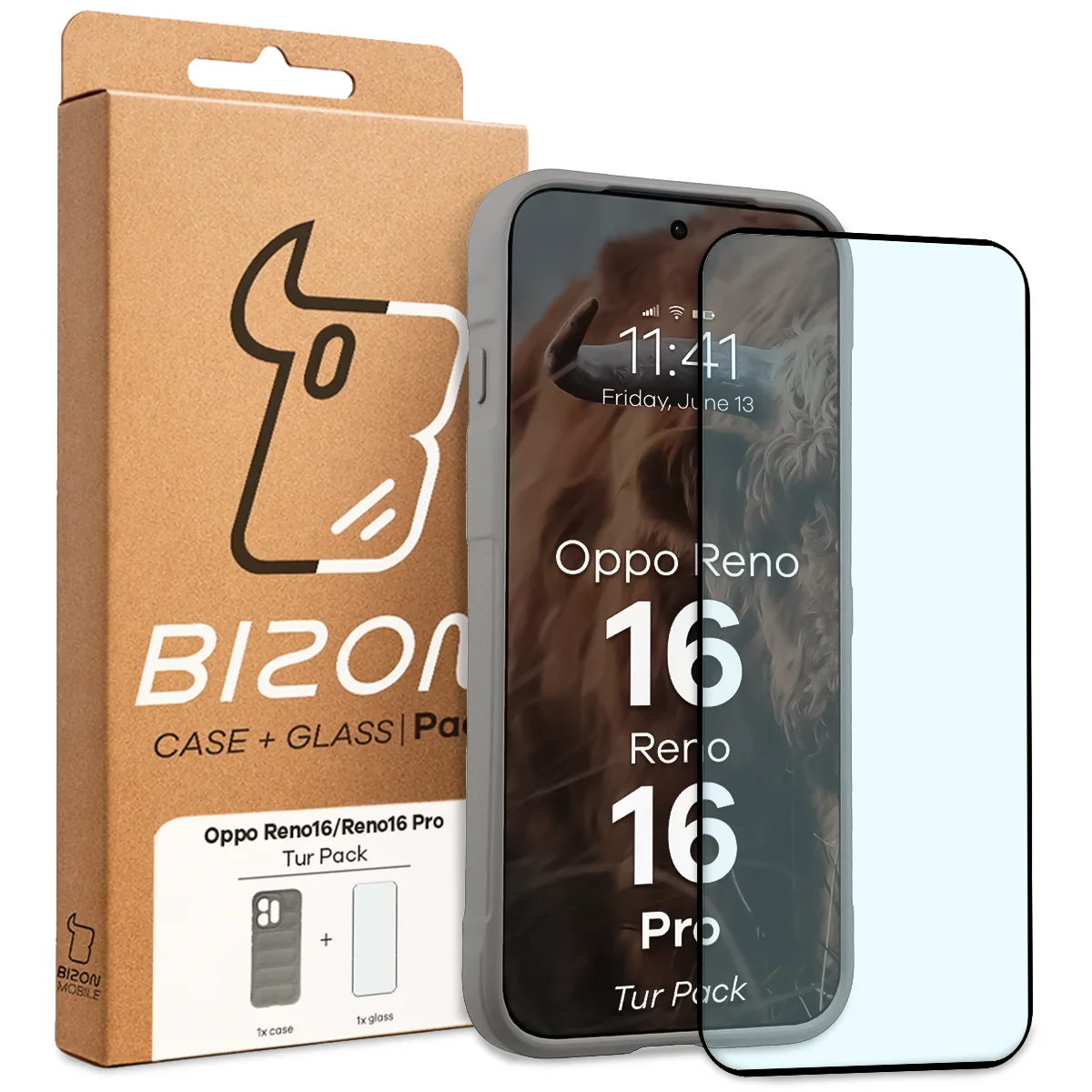 Przód pudełka Bizon Tur Pack z dedykowaną etykietą do OPPO Reno16 Pro / OPPO Reno16