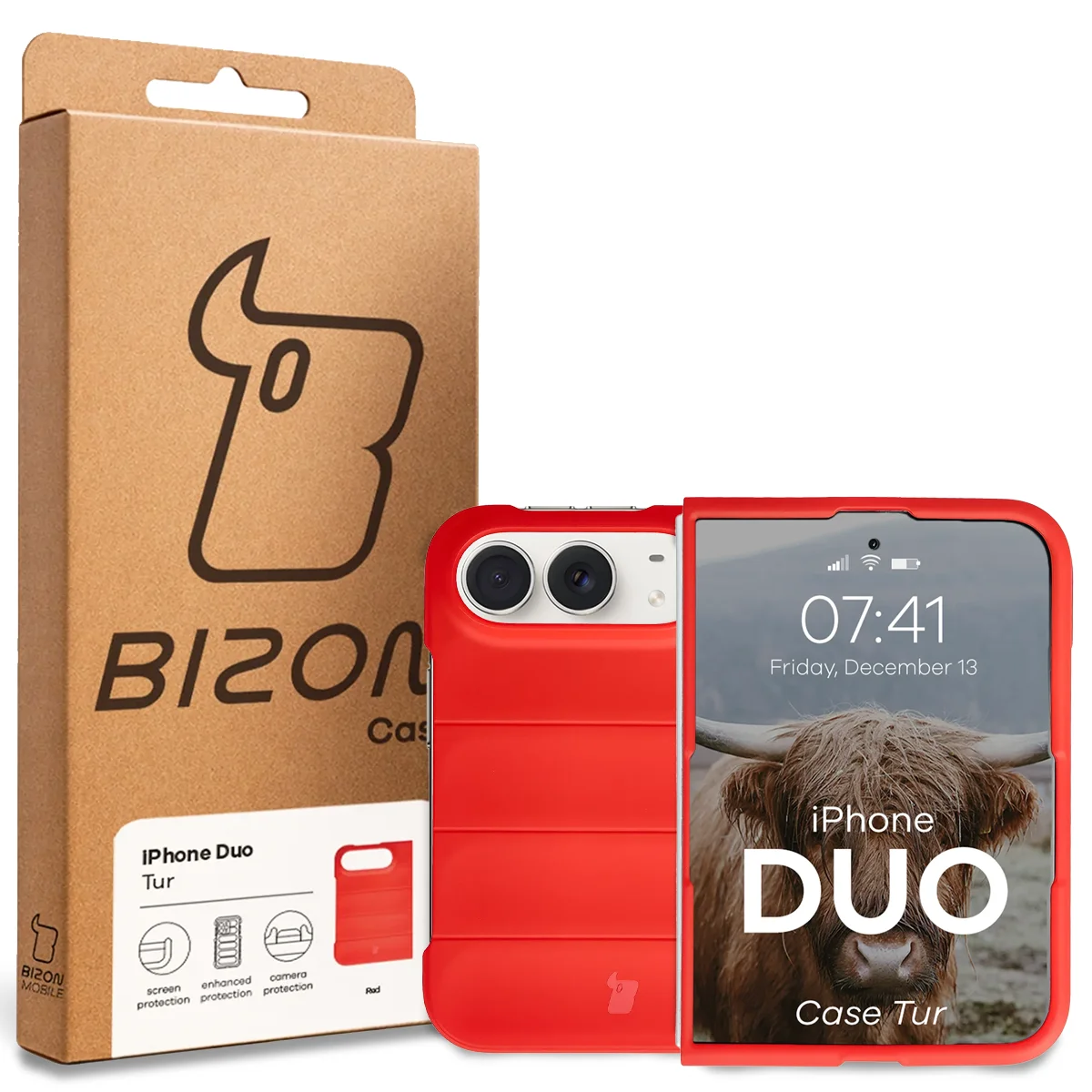 Przód pudełka Bizon Case z dedykowaną etykietą do iPhone Duo