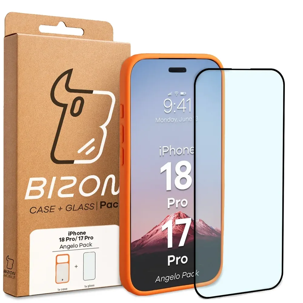 Przód pudełka Bizon Case Angelo Pack z dedykowaną etykietą do iPhone 18 Pro / 17 Pro