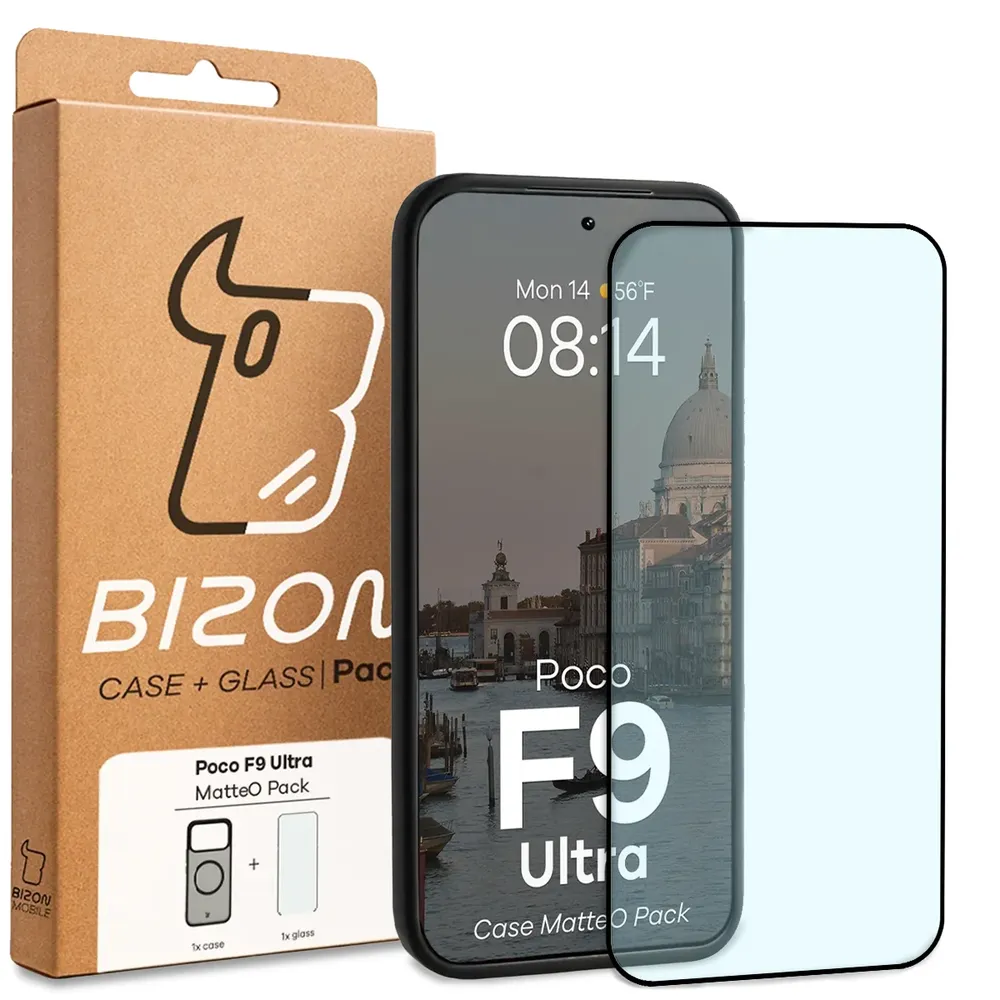 Przód pudełka Bizon Case Matteo Pack z dedykowaną etykietą do Xiaomi POCO F9 Ultra