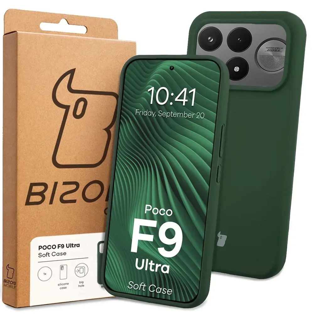 Przód pudełka Bizon Case z dedykowaną etykietą do Xiaomi POCO F9 Ultra