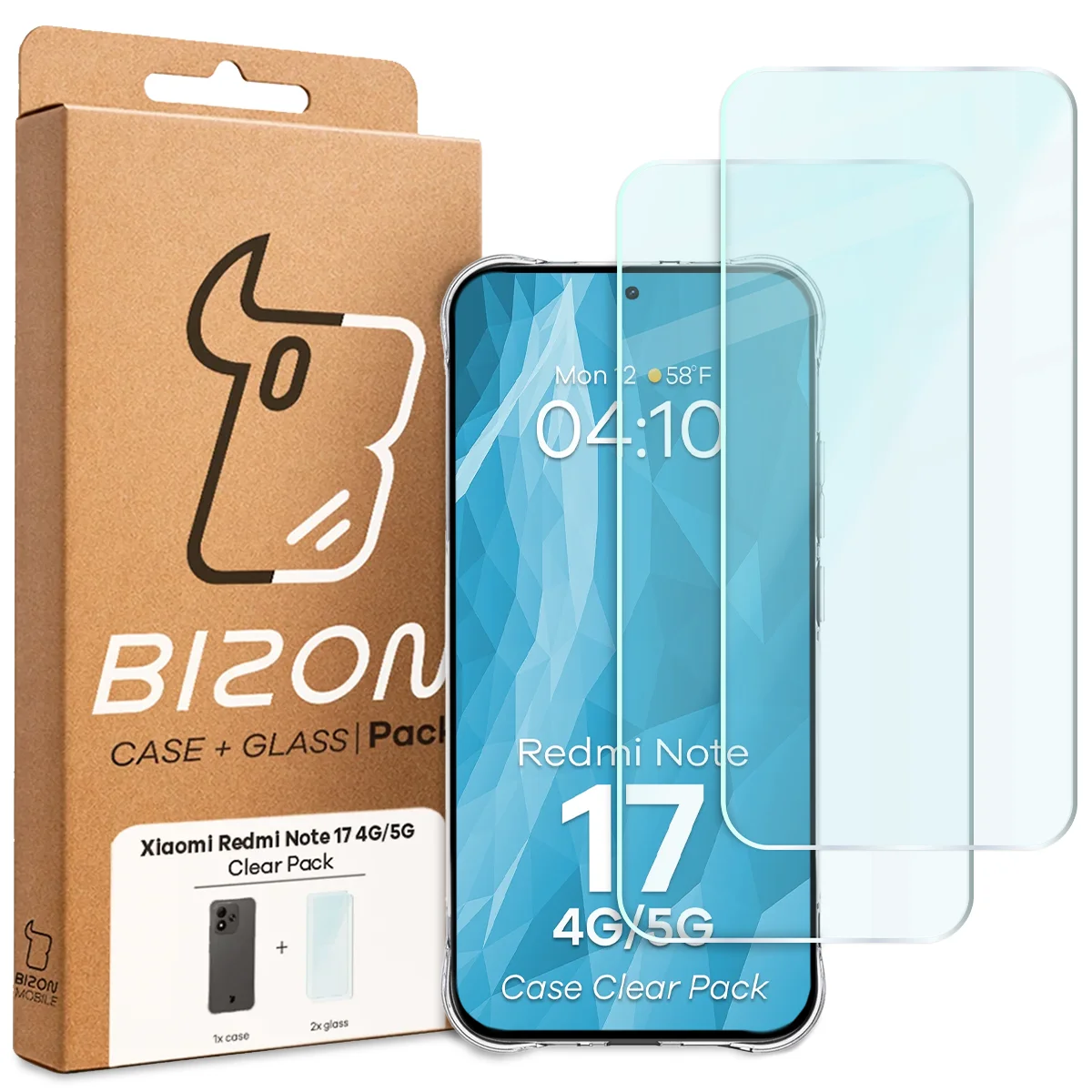 Przód pudełka Bizon Case+Glass z dedykowaną etykietą do Xiaomi Redmi Note 17 5G / 4G