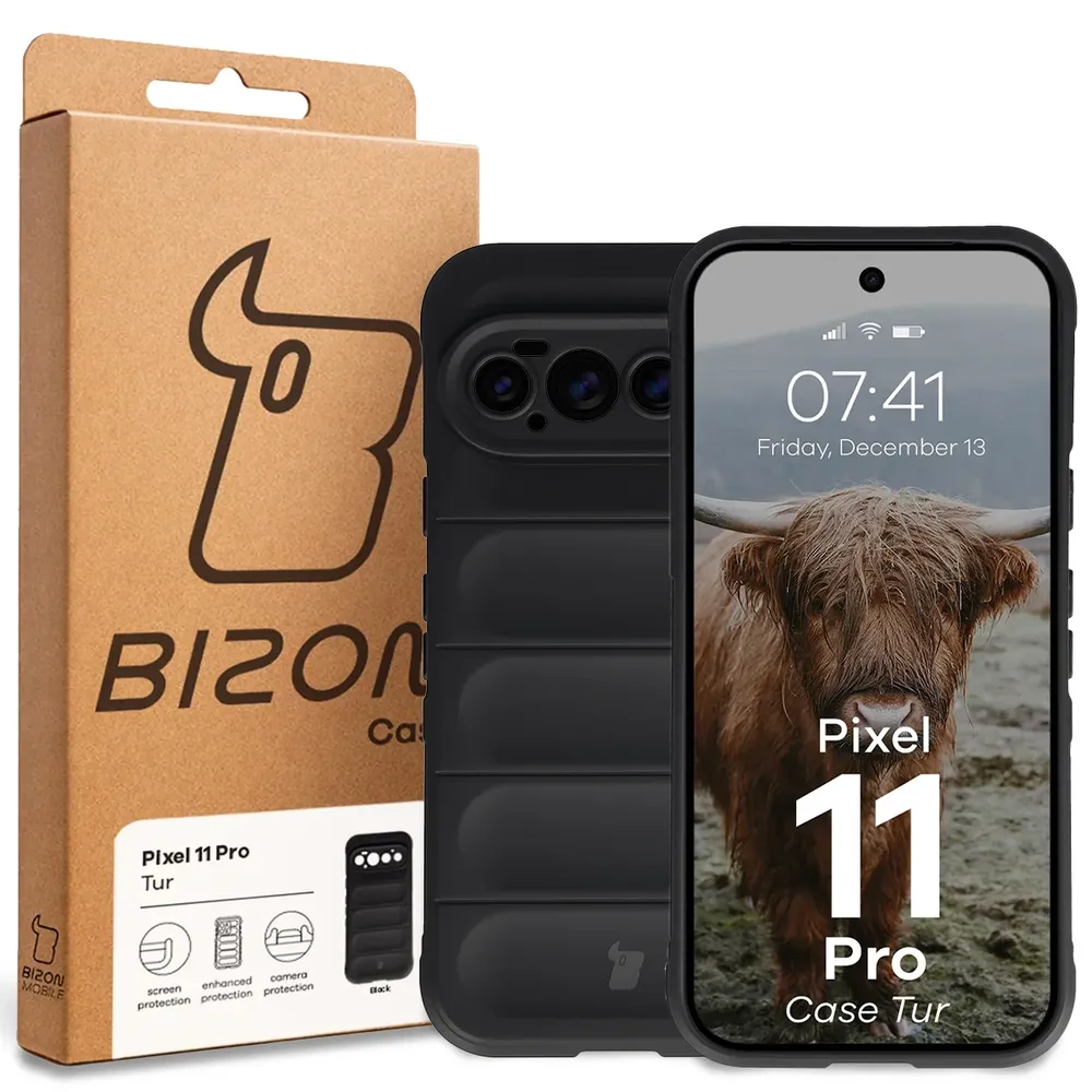 Przód pudełka Bizon Case z dedykowaną etykietą do Google Pixel 11 Pro