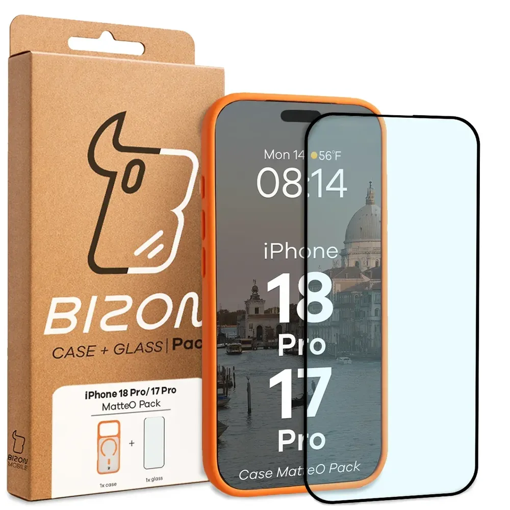 Przód pudełka Bizon Case Matteo Pack z dedykowaną etykietą do iPhone 18 Pro / 17 Pro