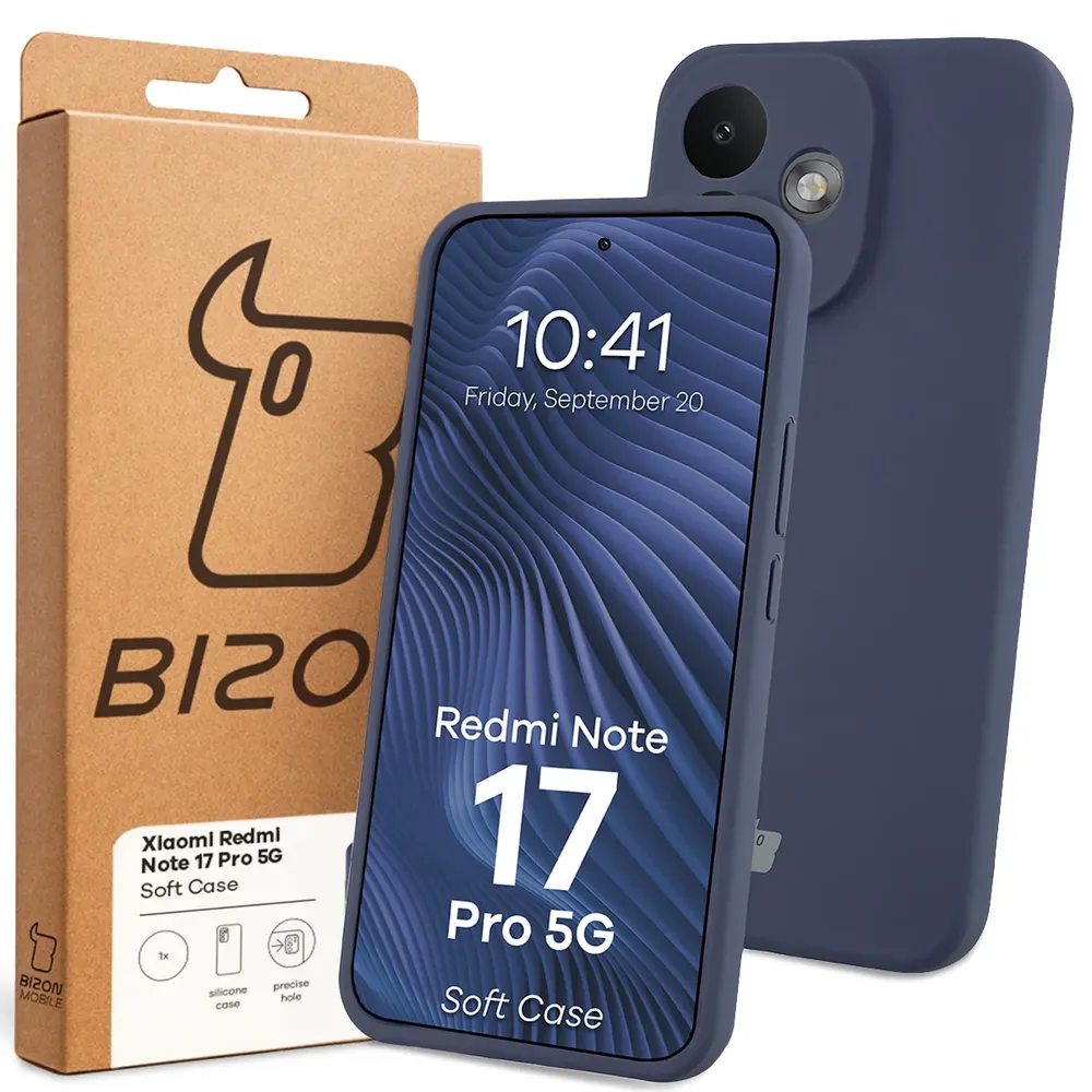 Przód pudełka Bizon Case z dedykowaną etykietą do Xiaomi Redmi Note 17 Pro 5G