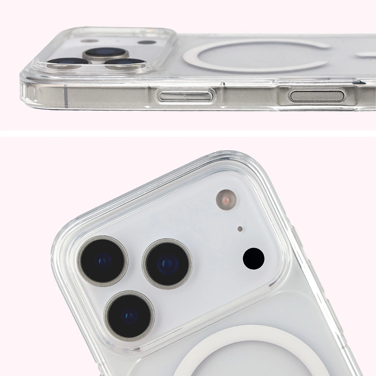 Pełne wycięcie i podwyższone krawędzie aparatu w etui Bizon Case CrystalO do iPhone 18 Pro / 17 Pro