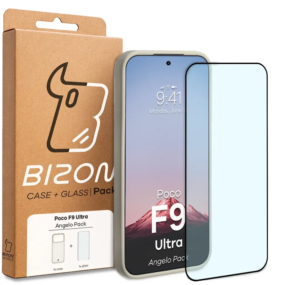 Przód pudełka Bizon Case Angelo Pack z dedykowaną etykietą do Xiaomi POCO F9 Ultra