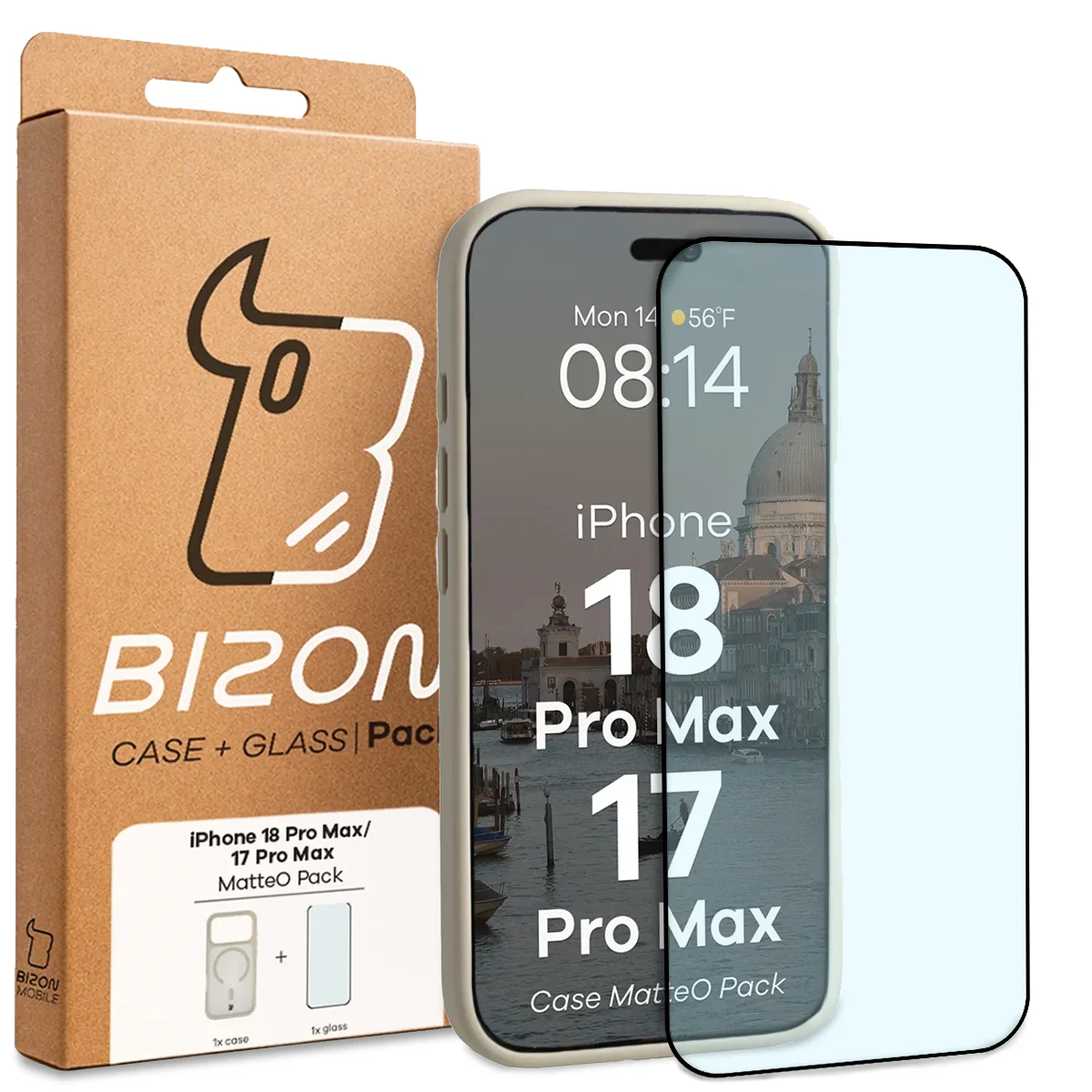 Przód pudełka Bizon Case Matteo Pack z dedykowaną etykietą do iPhone 18 Pro Max / 17 Pro Max
