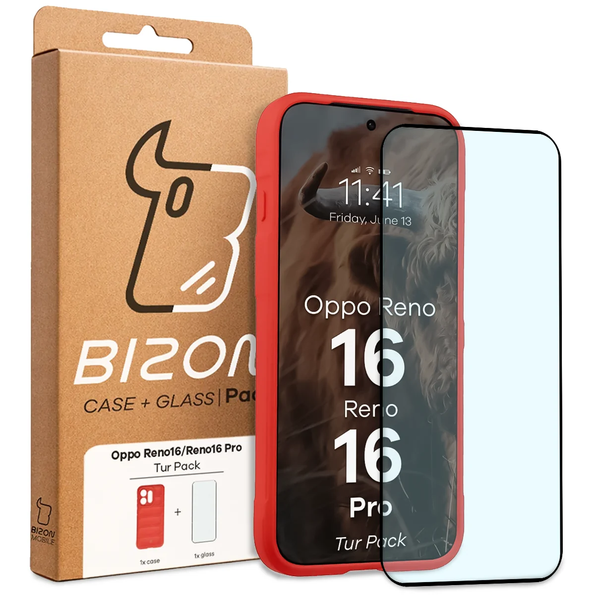 Przód pudełka Bizon Tur Pack z dedykowaną etykietą do OPPO Reno16 Pro / OPPO Reno16