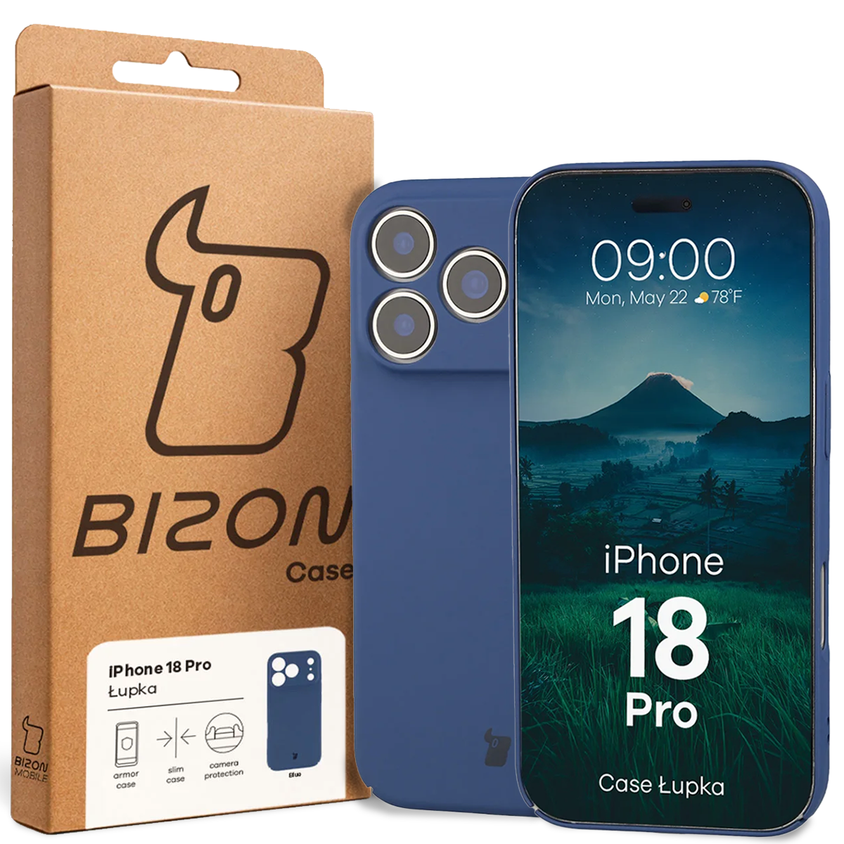 Przód pudełka Bizon Case z dedykowaną etykietą do iPhone 18 Pro