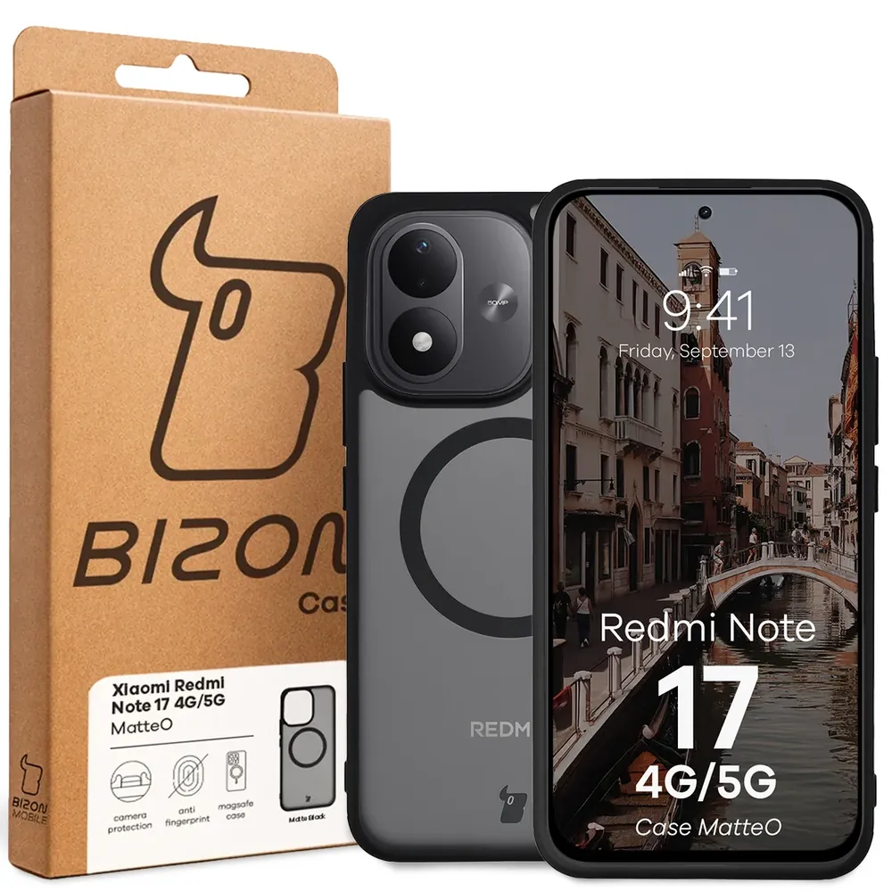 Przód pudełka Bizon Case z dedykowaną etykietą do Xiaomi Redmi Note 17 5G / 4G