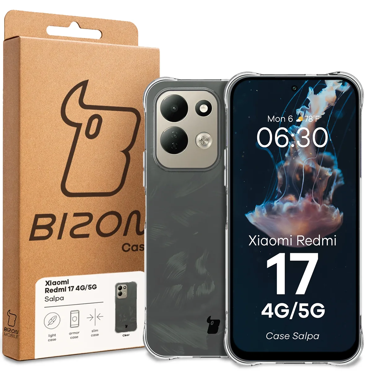Przód pudełka Bizon Case z dedykowaną etykietą do Xiaomi Redmi 17 5G / 4G