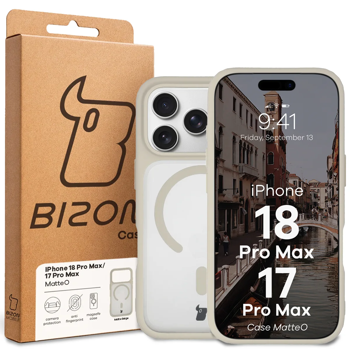 Przód pudełka Bizon Case z dedykowaną etykietą do iPhone 18 Pro Max / 17 Pro Max