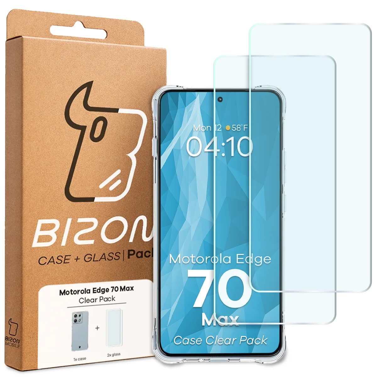 Przód pudełka Bizon Case+Glass z dedykowaną etykietą do Motorola Edge 70 Max
