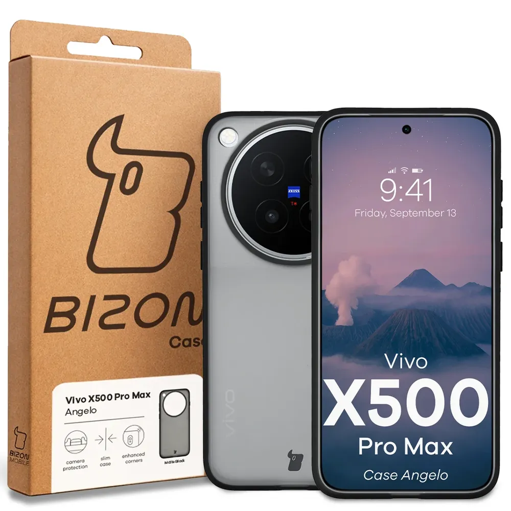 Przód pudełka Bizon Case z dedykowaną etykietą do Vivo X500 Pro Max