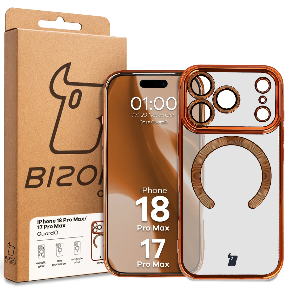 Przód pudełka Bizon Case z dedykowaną etykietą do iPhone 18 Pro Max / 17 Pro Max