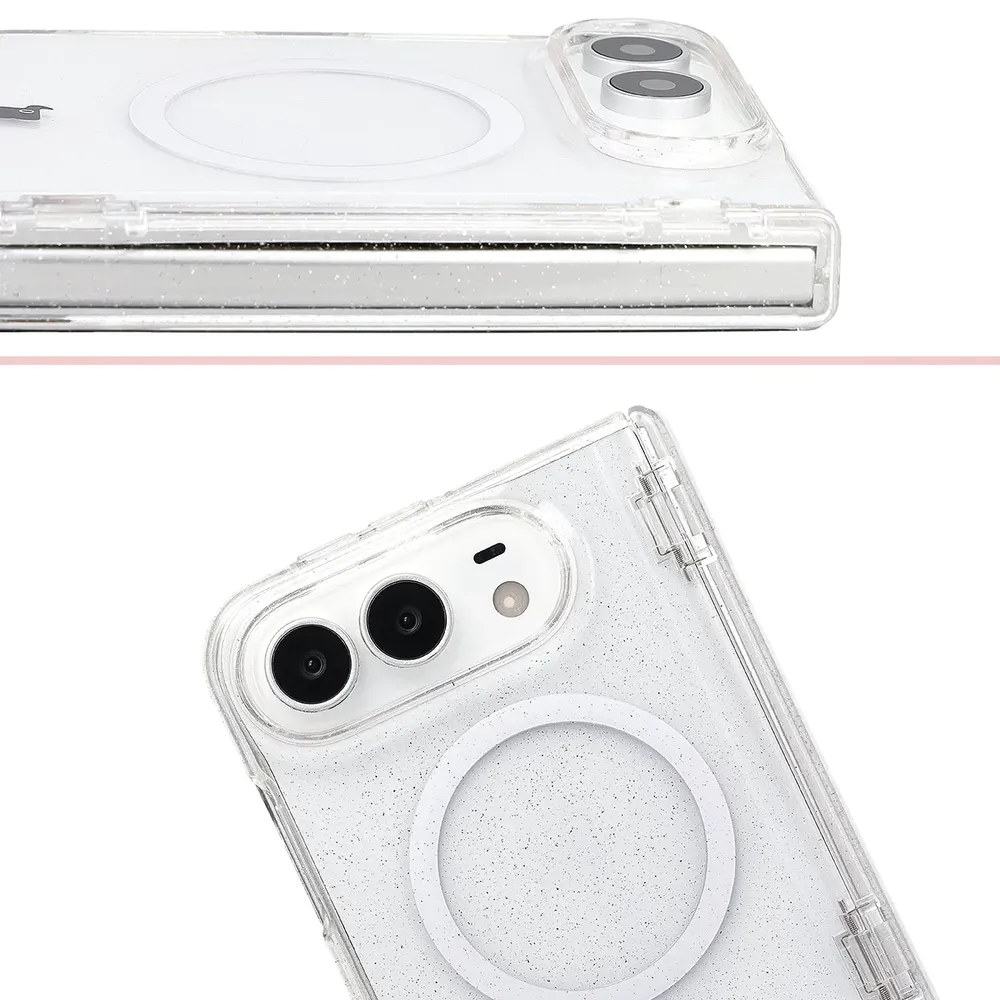 Podwyższone krawędzie aparatu i duże wycięcie w etui Bizon Case SparklO do iPhone Duo