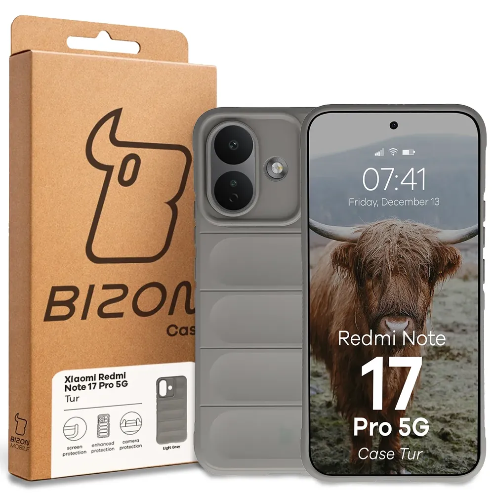 Przód pudełka Bizon Case z dedykowaną etykietą do Xiaomi Redmi Note 17 Pro 5G