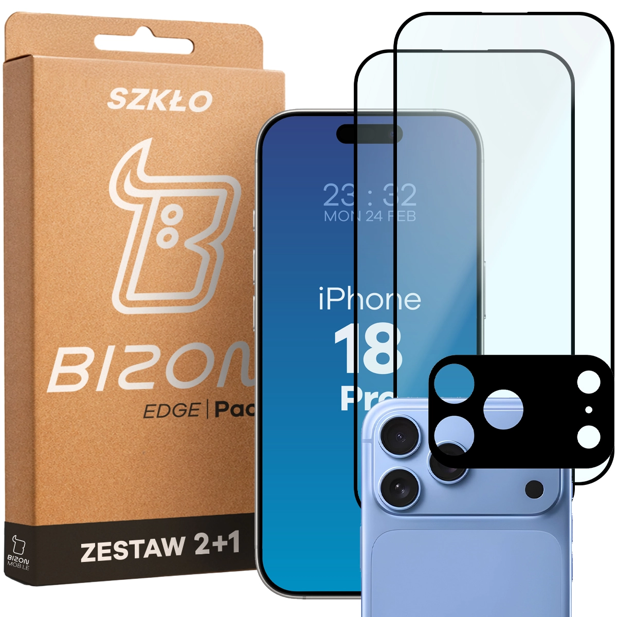 Pudełko i zestaw szkieł do iPhone 18 Pro: 2x szkło hartowane i lens