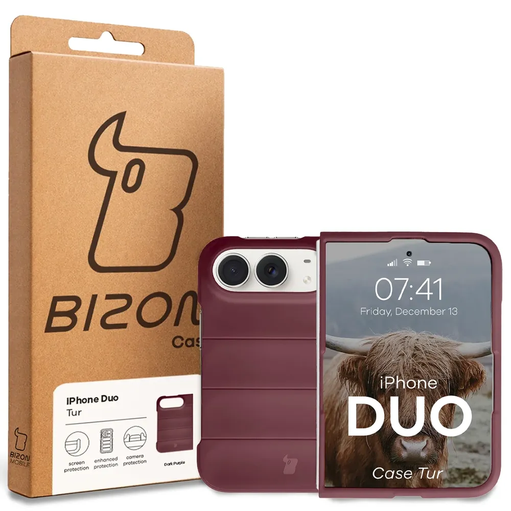 Przód pudełka Bizon Case z dedykowaną etykietą do iPhone Duo