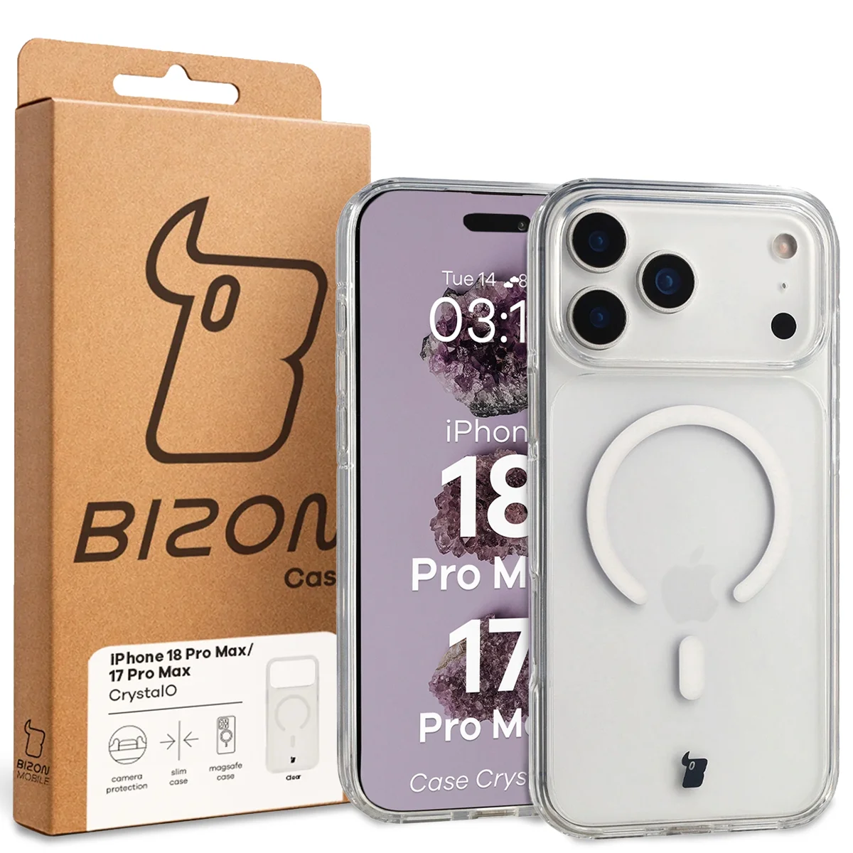 Przód pudełka Bizon Case z dedykowaną etykietą do iPhone 18 Pro Max / 17 Pro Max